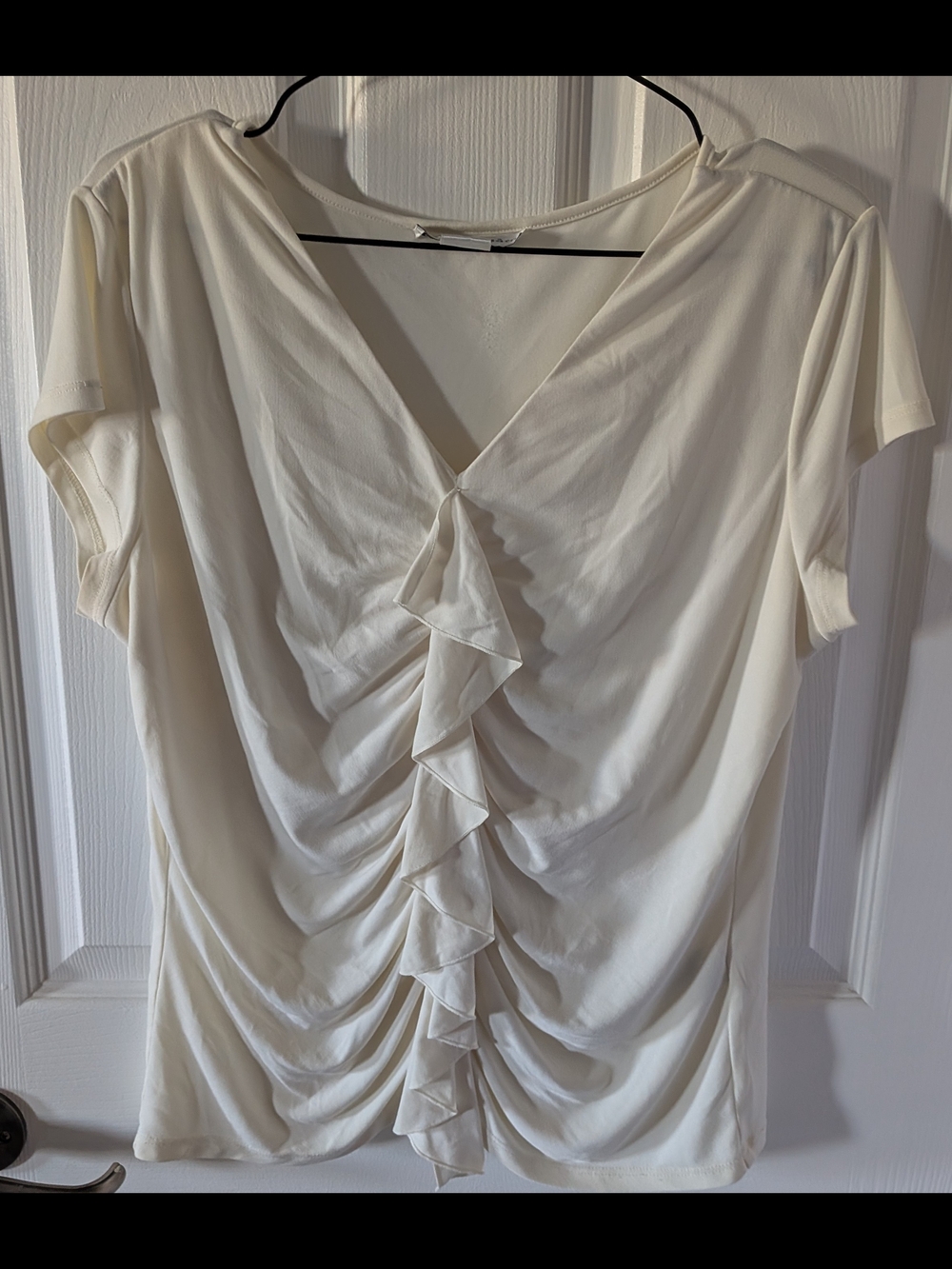 V-Neck Ruffle Front Short Sleeve Blouse in Cream- Bianca Nygard